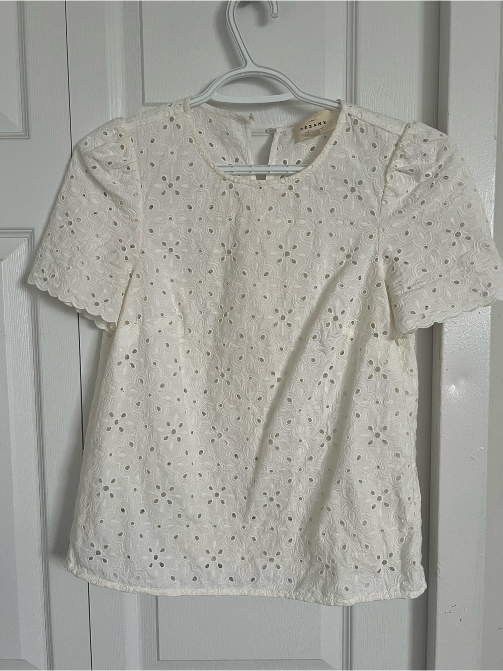 Sezane Cream Eyelet Lace Puff Sleeve Blouse